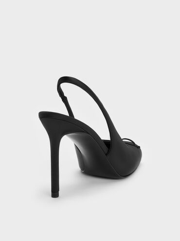 Satin-Slingpumps mit Raffung und Stilettoabsatz, Schwarz mit Textur, hi-res