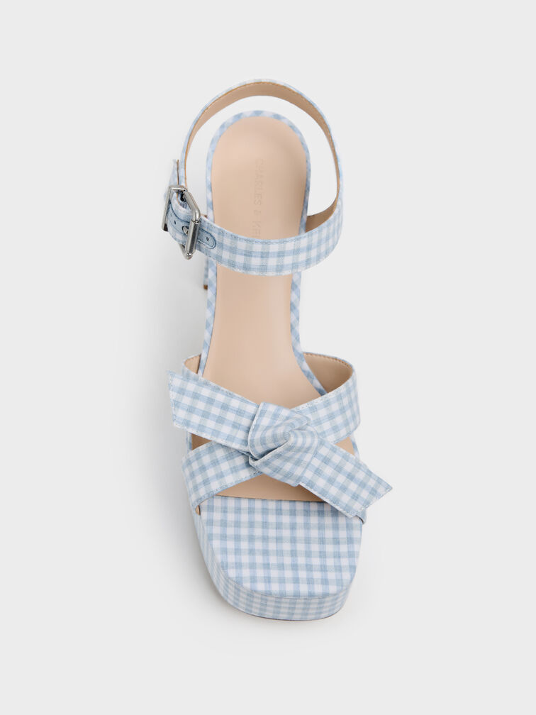 Anika Gingham Knot-Bow Platform Sandals, Light Blue, hi-res
