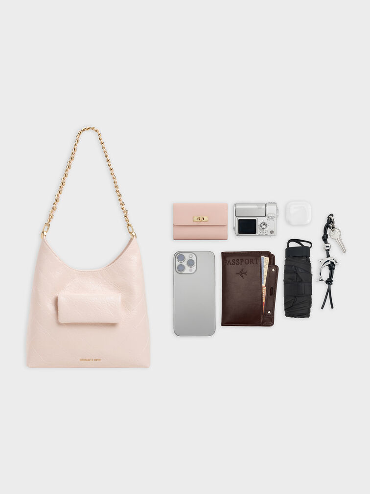 Borsa Hobo Duo trapuntata con catena e tasca frontale, Rosa pallido, hi-res