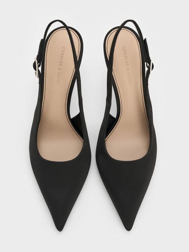 Satin Teardrop-Crystal Stiletto-Heel Slingback Pumps, Black Textured, hi-res