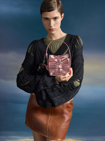 Kadee Metallic Bow-Charm Ruched Mini Bag, Aura Pink, hi-res