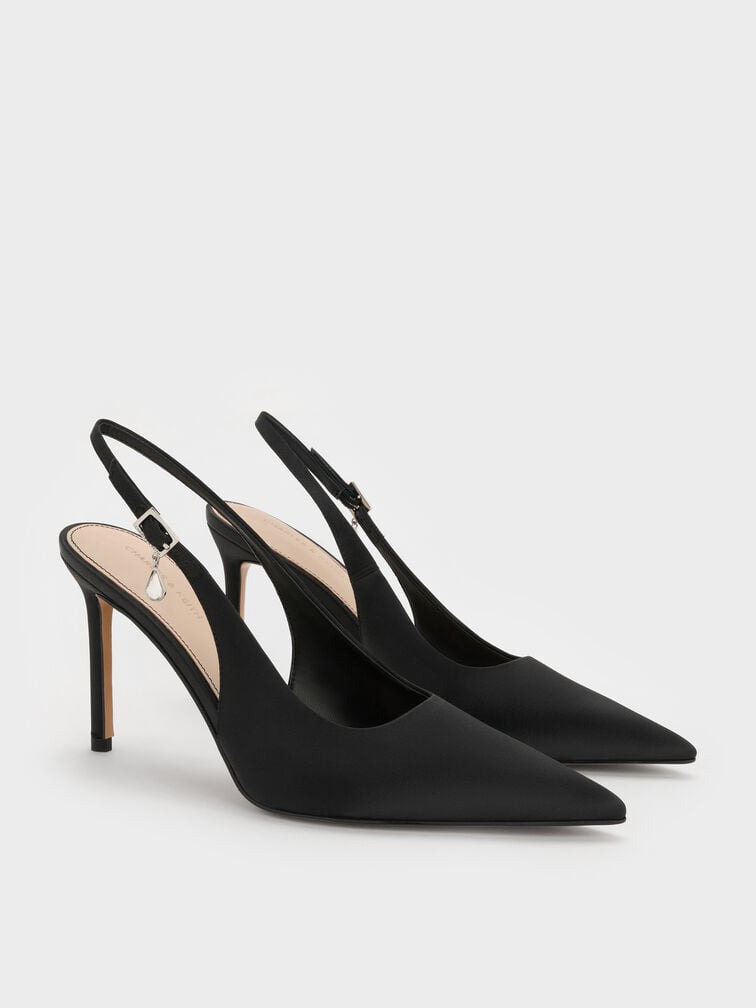 Satin-Pumps mit tropfenf&ouml;rmigem Stilettoabsatz und Kristallverzierung, Schwarz mit Textur, hi-res