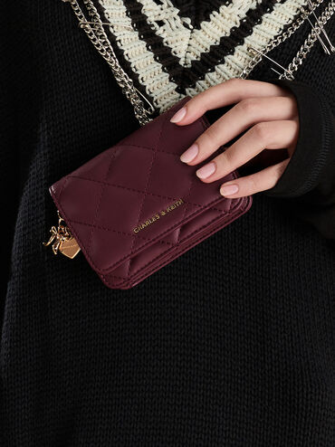 Arrietty Quilted Bow-Heart Charm Small Wallet, Wineberry Red, hi-res