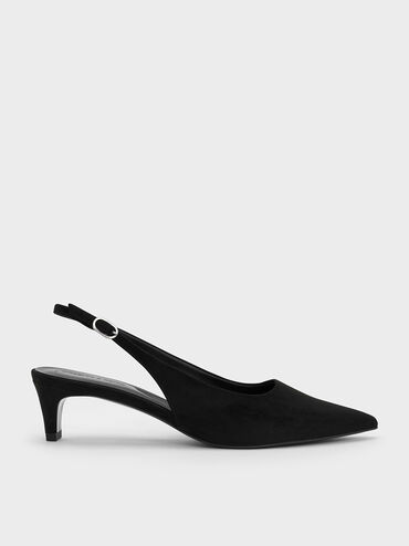 Faux Suede Pointed-Toe Kitten-Heel Slingback Pumps, Black Textured, hi-res
