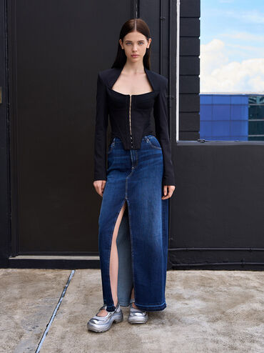 Scarpe da ginnastica Mary Jane con piattaforma curva metallizzata, Argento, hi-res