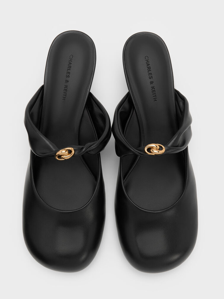 Mules &agrave; petits talons avec brides torsad&eacute;es et d&eacute;tails m&eacute;talliques, Noir, hi-res