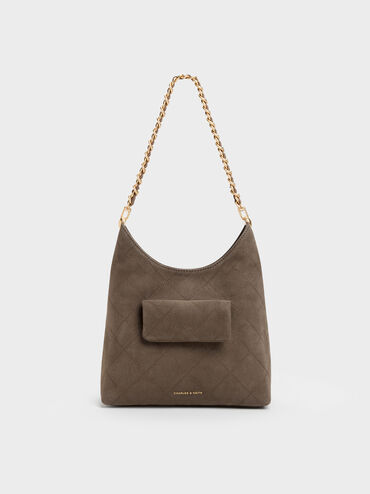 Duo Quilted Front-Pocket Chain Hobo Bag, Stone Grey, hi-res