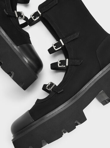 Celia Stiefel aus Wildlederimitat mit Schnallen, mehreren Riemen und klobigen Sohlen., Schwarz mit Textur, hi-res