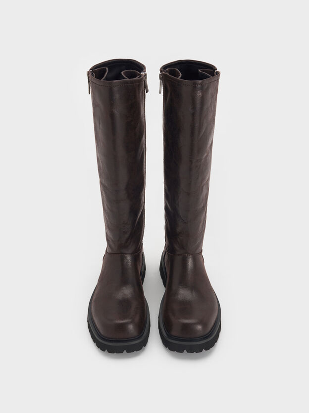 Kozaki Rosamond zapinane na suwak z boku i prążkowaną podeszwą do kolan, Dark Brown Textured, hi-res