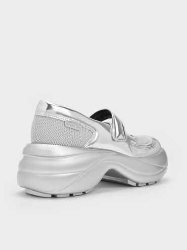 Scarpe da ginnastica Mary Jane con piattaforma curva metallizzata, Argento, hi-res