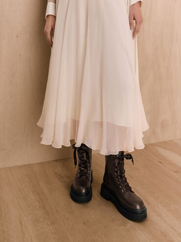 Bottes militaires &agrave; lacet en satin et plateforme, Marron Fonc&eacute;, hi-res