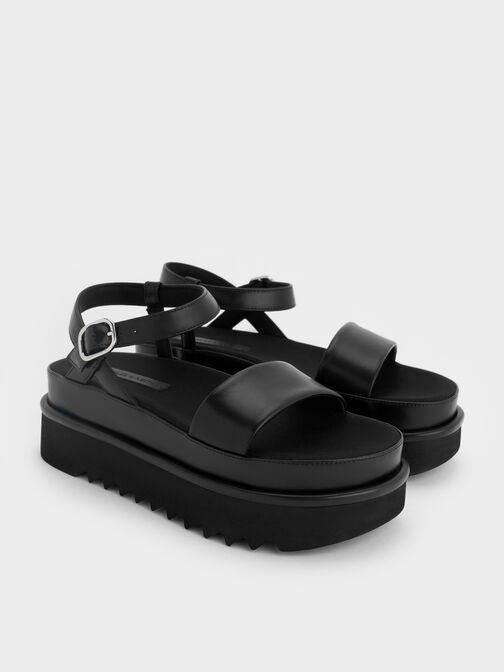 Sandales &agrave; semelle plate compens&eacute;es avec bride &agrave; la cheville, Noir, hi-res