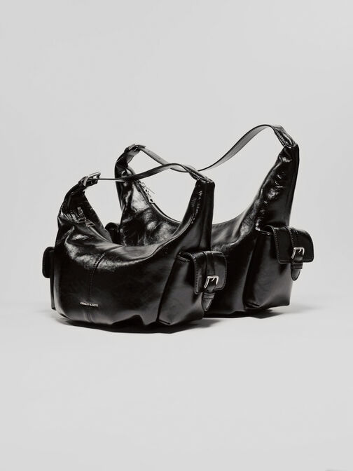Bessie Side-Pocket Hobo Bag, Noir, hi-res