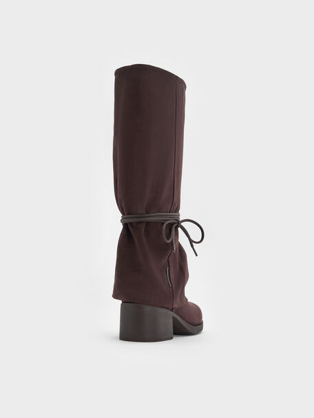 Botas altas por la rodilla en antelina con tiras de atar, Dark Brown Textured, hi-res
