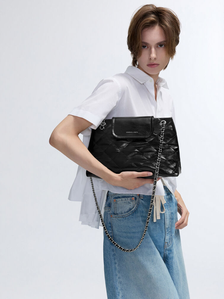 Borsa a Spalla Trapuntata Apfra Large, Nero, hi-res