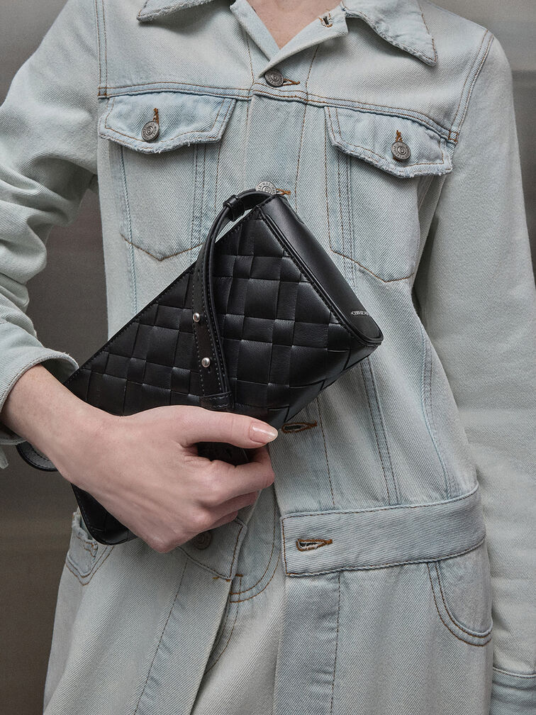 Ivette Woven Elongated Shoulder Bag, Noir, hi-res