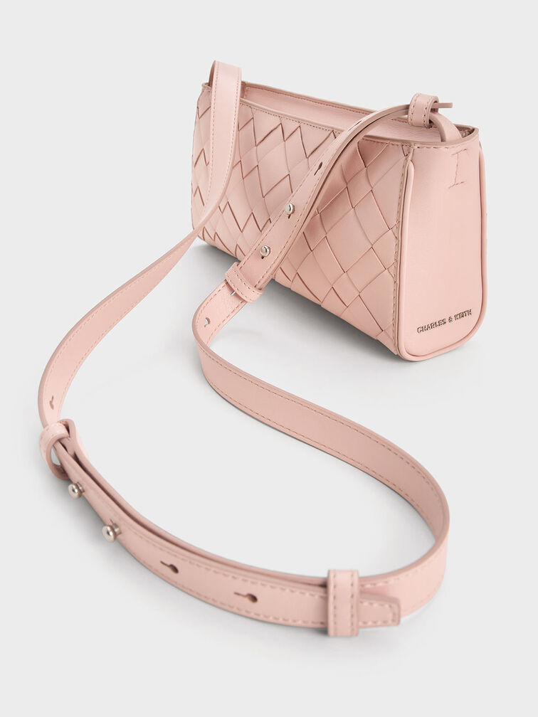 Ivette Woven Elongated Shoulder Bag, Light Pink, hi-res