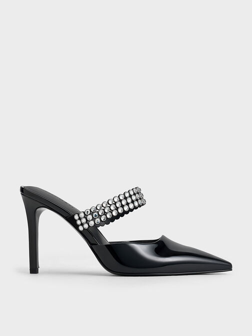 Patent Crystal-Embellished Heeled Mules, Black Patent, hi-res
