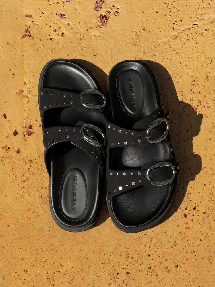 Studded Buckled Double-Strap Slides, Black, hi-res