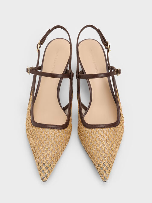Slingback-pumps i rafia med skulpturel h&aelig;l, M&oslash;rkebrun tekstureret, hi-res