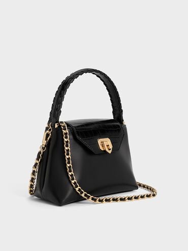 Sac &agrave; main &agrave; effet croco et lani&egrave;re tress&eacute;e Arwen, Noir, hi-res