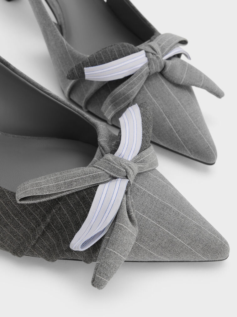 Striped Knot-Bow Pointed Slingback Pumps, Grey, hi-res