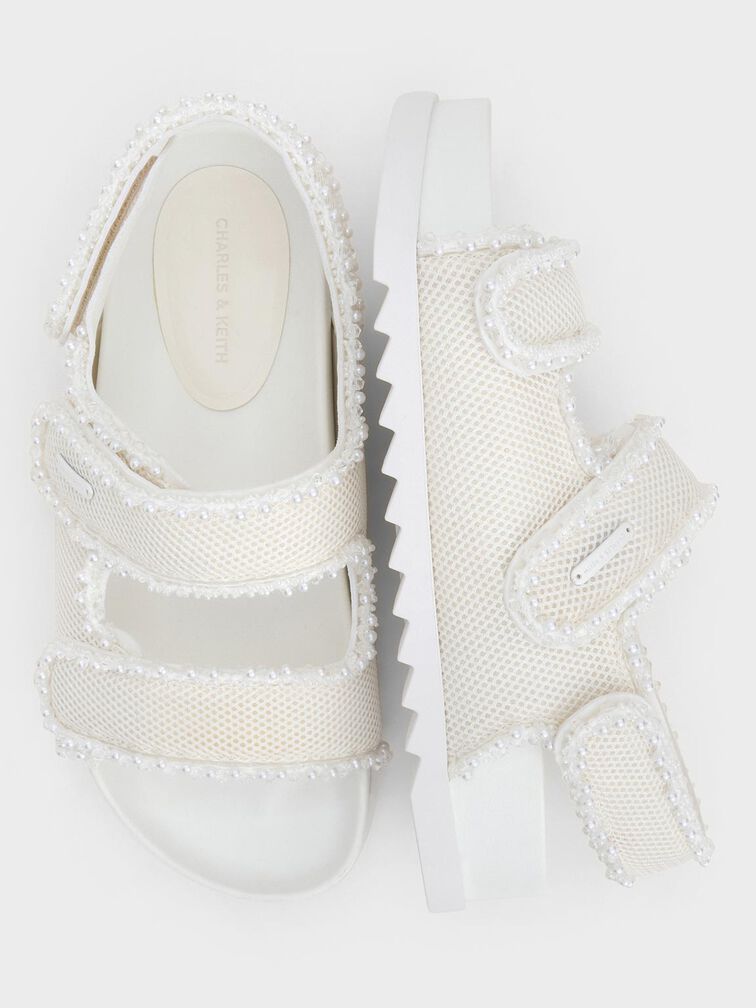 Mesh Pearl-Embellished Flatform Sandals, White, hi-res