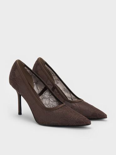 Pumps aus Spitze und Satin mit Stilettoabsatz, Dark Brown Textured, hi-res