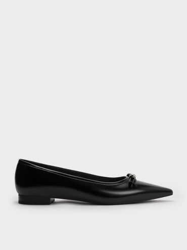 Bow Metallic-Accent Pointed-Toe Ballet Flats, Black, hi-res