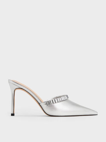Absatz-Mules in Metallic-Optik, Kristallbesatz, spitz zulaufende Zehenpartie, Silber, hi-res