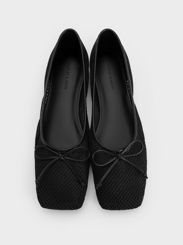 Mesh Square-Toe Bow Ballet Flats, Black Textured, hi-res
