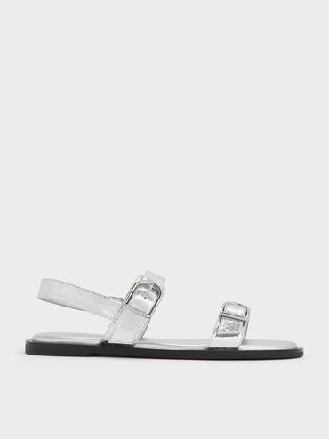 Metallic Double Buckle-Strap Slingback Sandals, Silver, hi-res