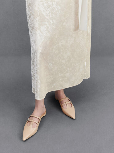 Mules à double bride salomé en cuir, Beige, hi-res