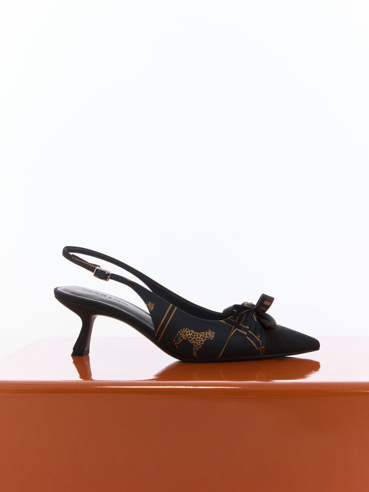 Satin-Slingback-Pumps mit bedruckter Schleife, Schwarz mit Textur, hi-res