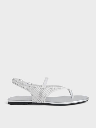 Ellory Mesh Thong Slingback Sandals, Silver, hi-res