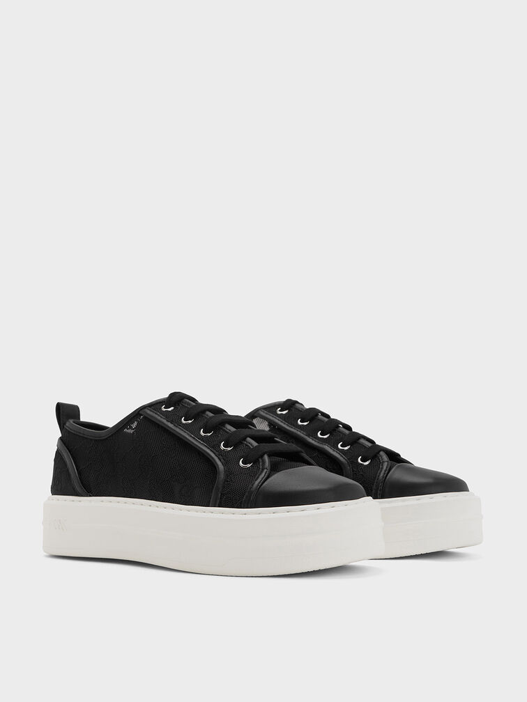 Mesh Flatform Sneakers, Black Textured, hi-res