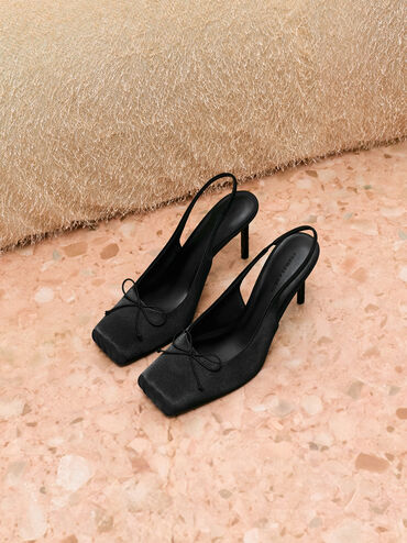 Satin-Slingpumps mit Raffung und Stilettoabsatz, Schwarz mit Textur, hi-res