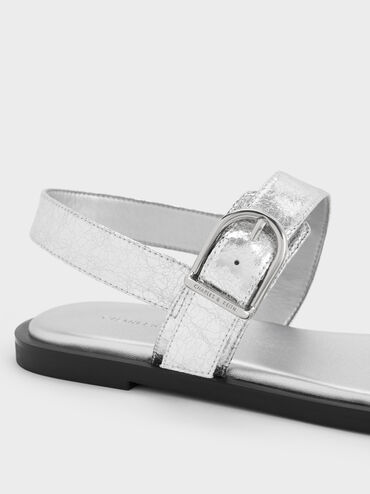 Metallic Double Buckle-Strap Slingback Sandals, Silver, hi-res