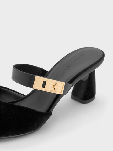 Lando Velvet Pointed-Toe Metallic-Buckle Heeled Mules, Black Textured, hi-res