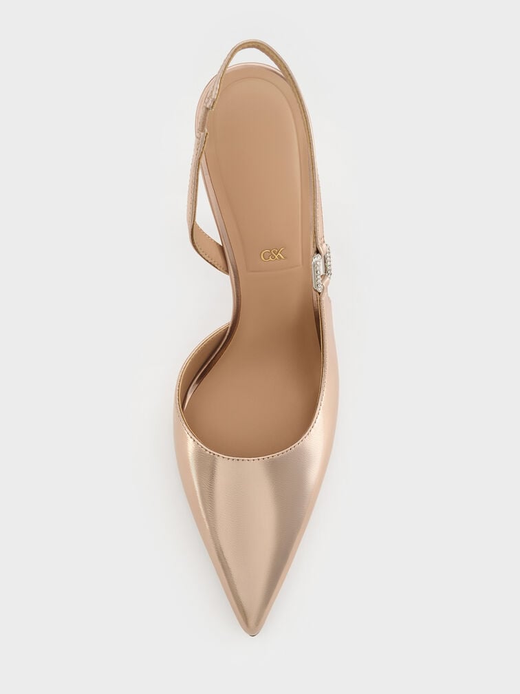 D&eacute;collet&eacute; slingback in pelle metallizzata con fibbia di cristallo, Bronzo, hi-res
