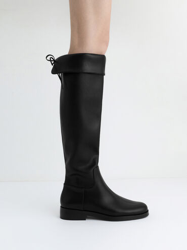 Fold-Over Back-Tie Thigh-High Boots, Black, hi-res