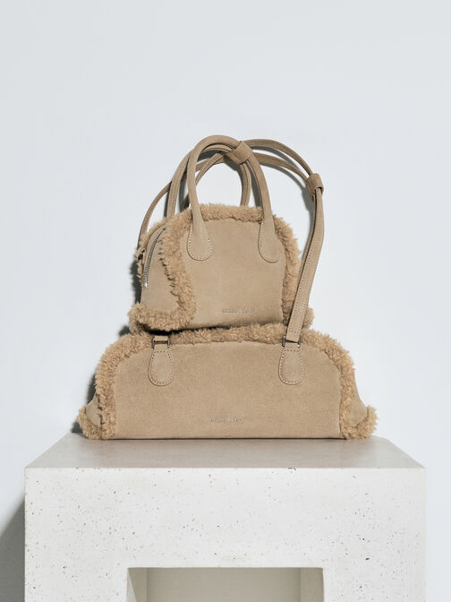 Nelly Recycled Suede & Faux Shearling Elongated Shoulder Bag, Nutmeg Beige, hi-res