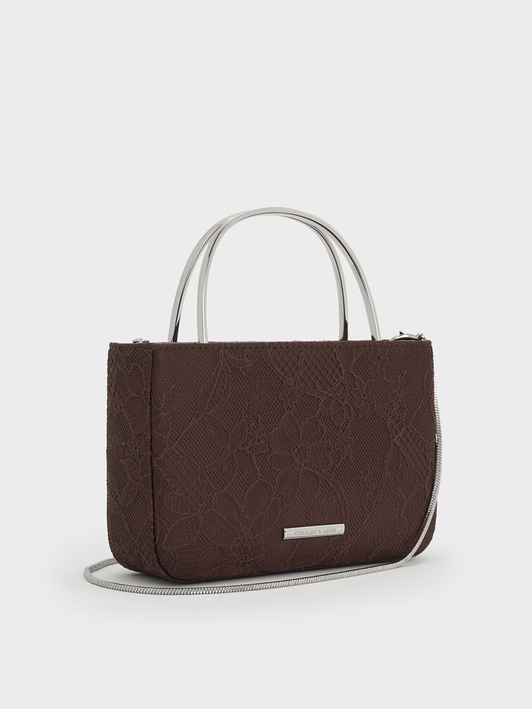 Jennis Lace & Satin Top Handle Bag, Dark Brown Textured, hi-res