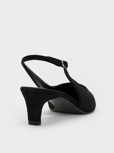 Faux Suede Pointed-Toe Kitten-Heel Slingback Pumps, Black Textured, hi-res