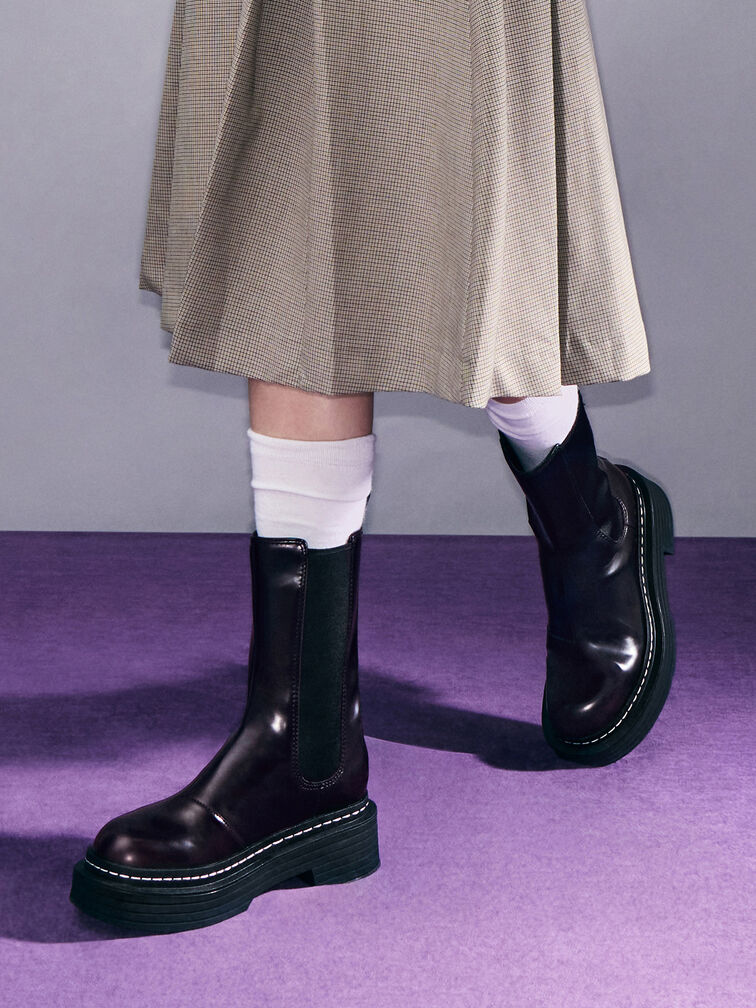 Bottes Chelsea à plateforme et surpiqûres, Bordeaux, hi-res