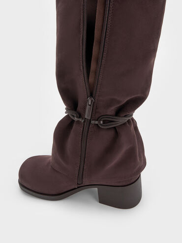 Faux Suede Tie-Around Knee-High Boots, Dark Brown Textured, hi-res