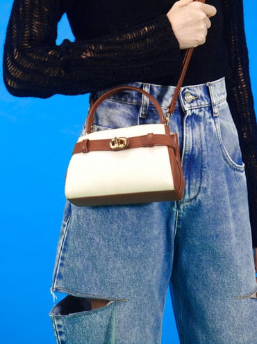 Sac &agrave; main en toile bicolore Aubrielle, Toile taupe, hi-res