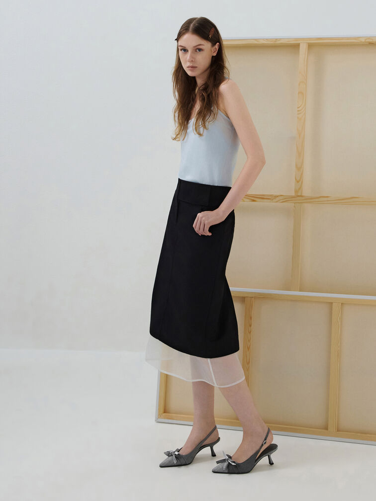 Satin-Slingback-Pumps mit bedruckter Schleife, Schwarz mit Textur, hi-res