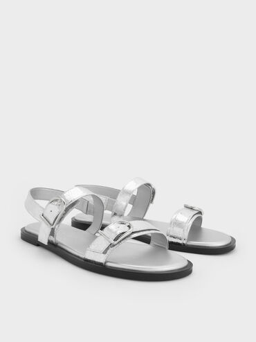Metallic Double Buckle-Strap Slingback Sandals, Silver, hi-res