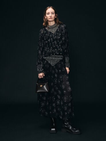 Sac &agrave; main &agrave; effet croco et lani&egrave;re tress&eacute;e Arwen, Noir, hi-res